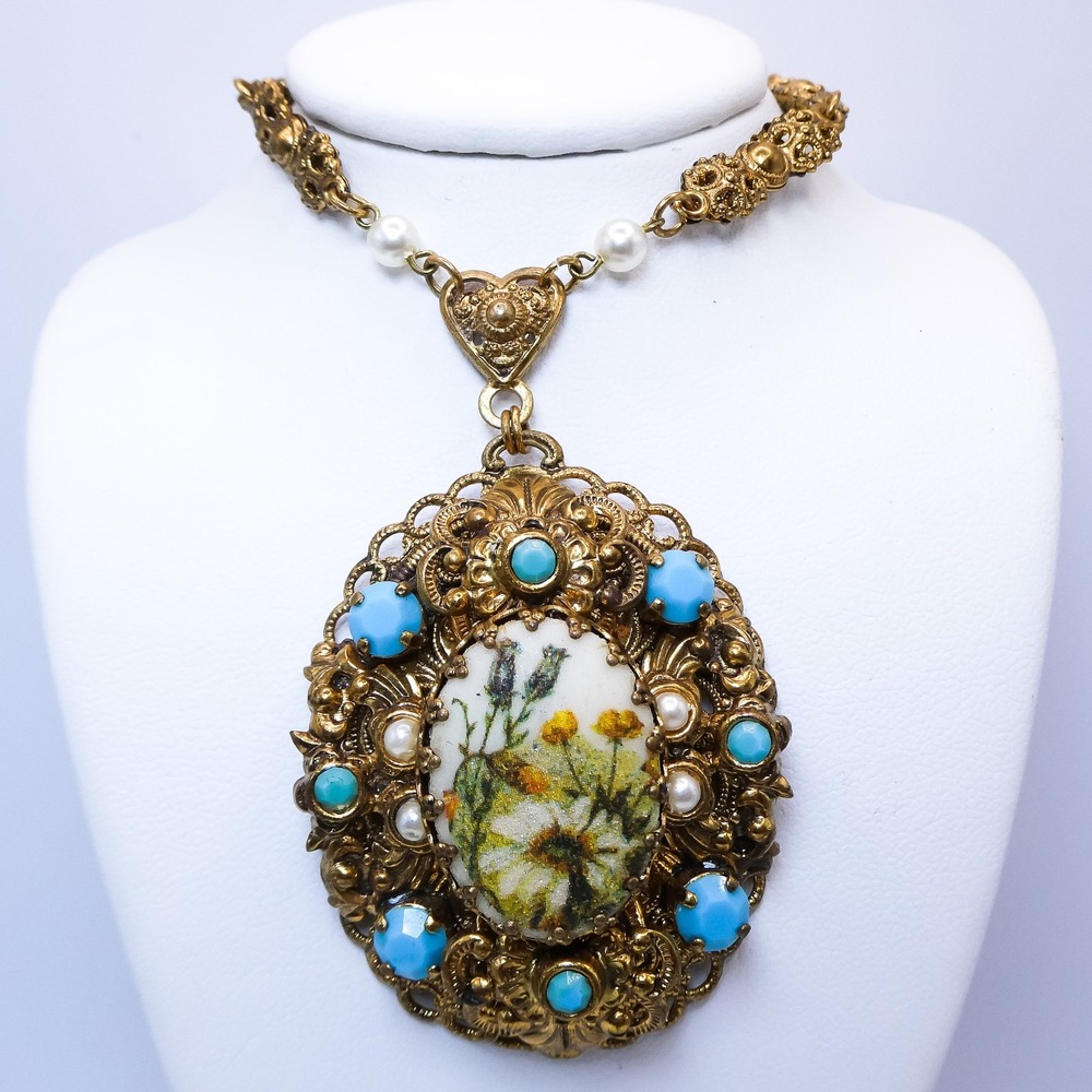West Germany Wild Flower Filigree Y-drop Vintage Necklace Blue Goldtone 24"